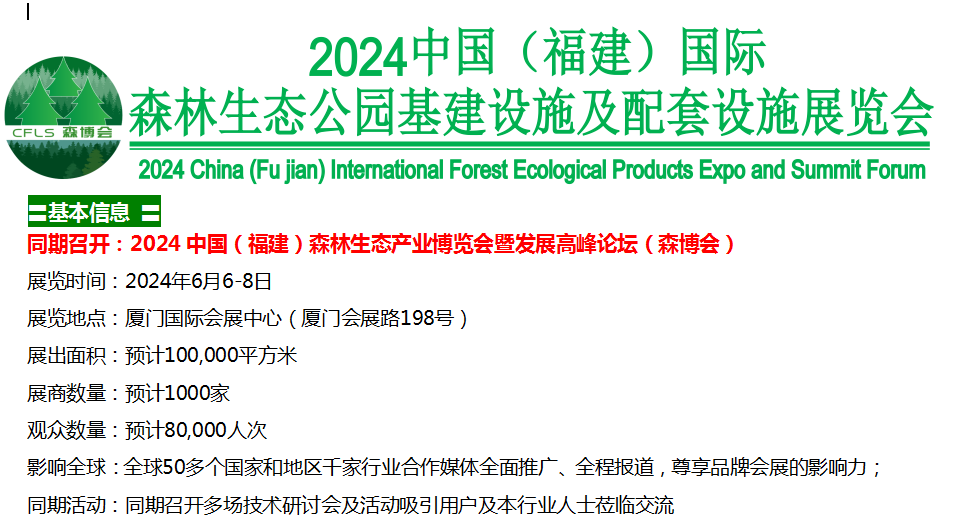 抓緊預(yù)訂!2024中國（福建）森林生態(tài)公園基建設(shè)施及配套設(shè)施展覽會(主辦方官網(wǎng))